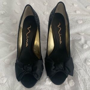 Nina black Glitter Peep Toe Heel with Bow